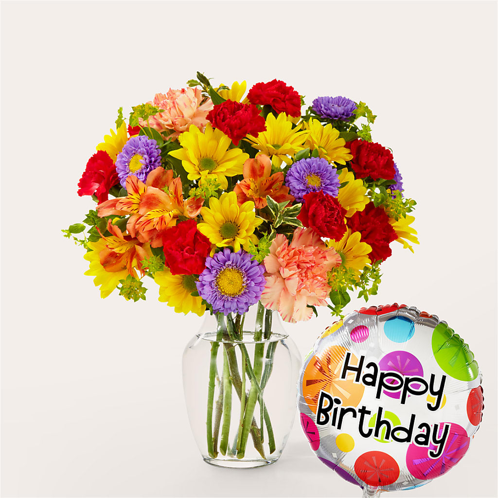 Kaleidoscope Bouquet with Birthday Balloon – For Get Me Not Florist, Williamston NC