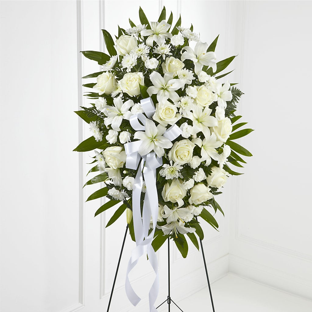 Exquisite Tribute Standing Spray-White Ribbon – For Get Me Not Florist, Williamston NC