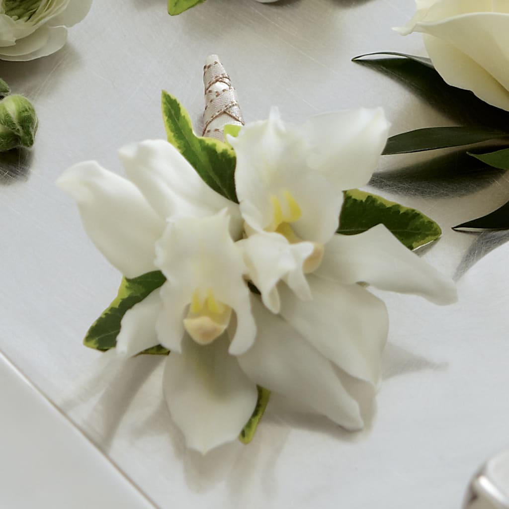 White Mini Cymbidium Boutonniere – For Get Me Not Florist, Williamston NC