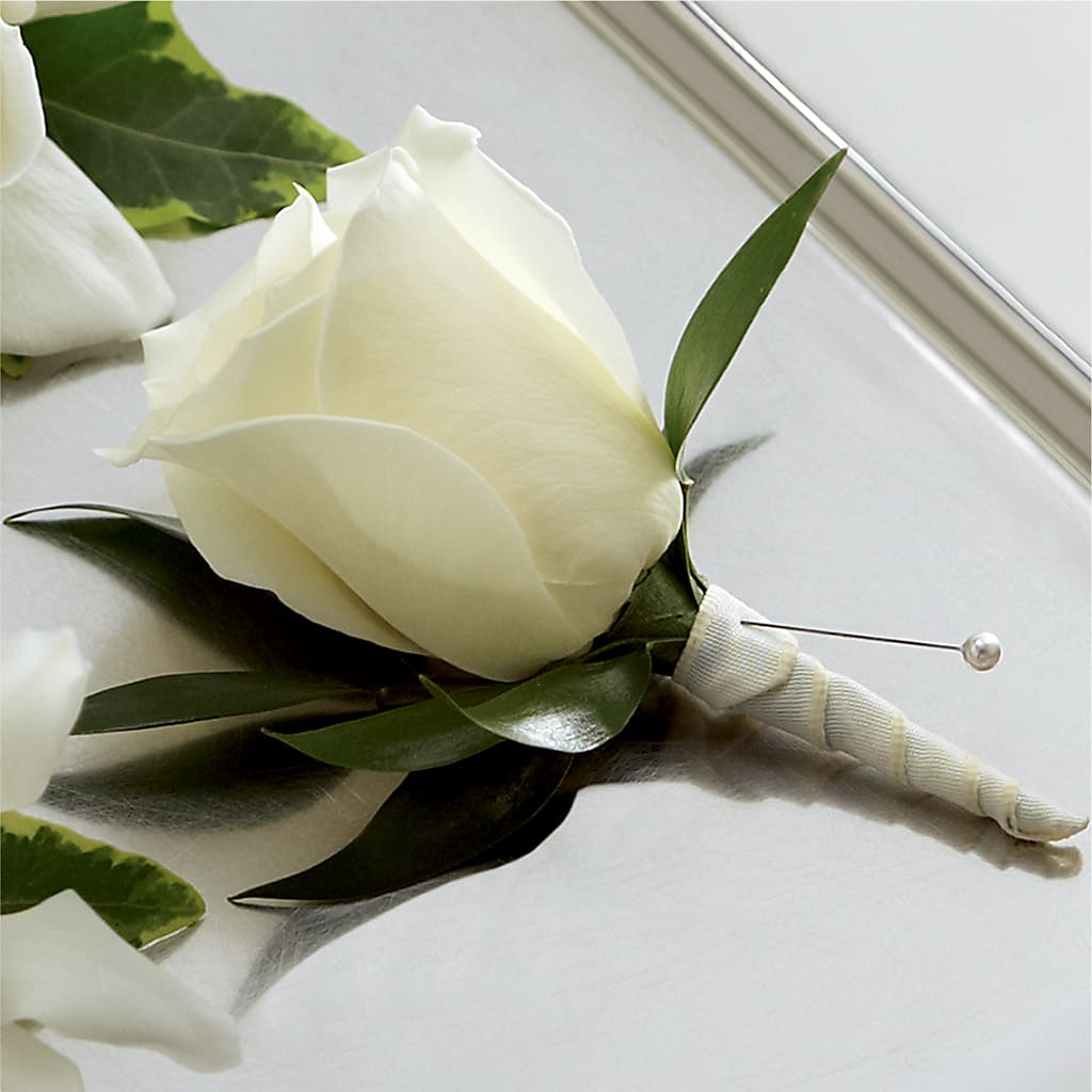 White Rose Boutonniere – For Get Me Not Florist, Williamston NC