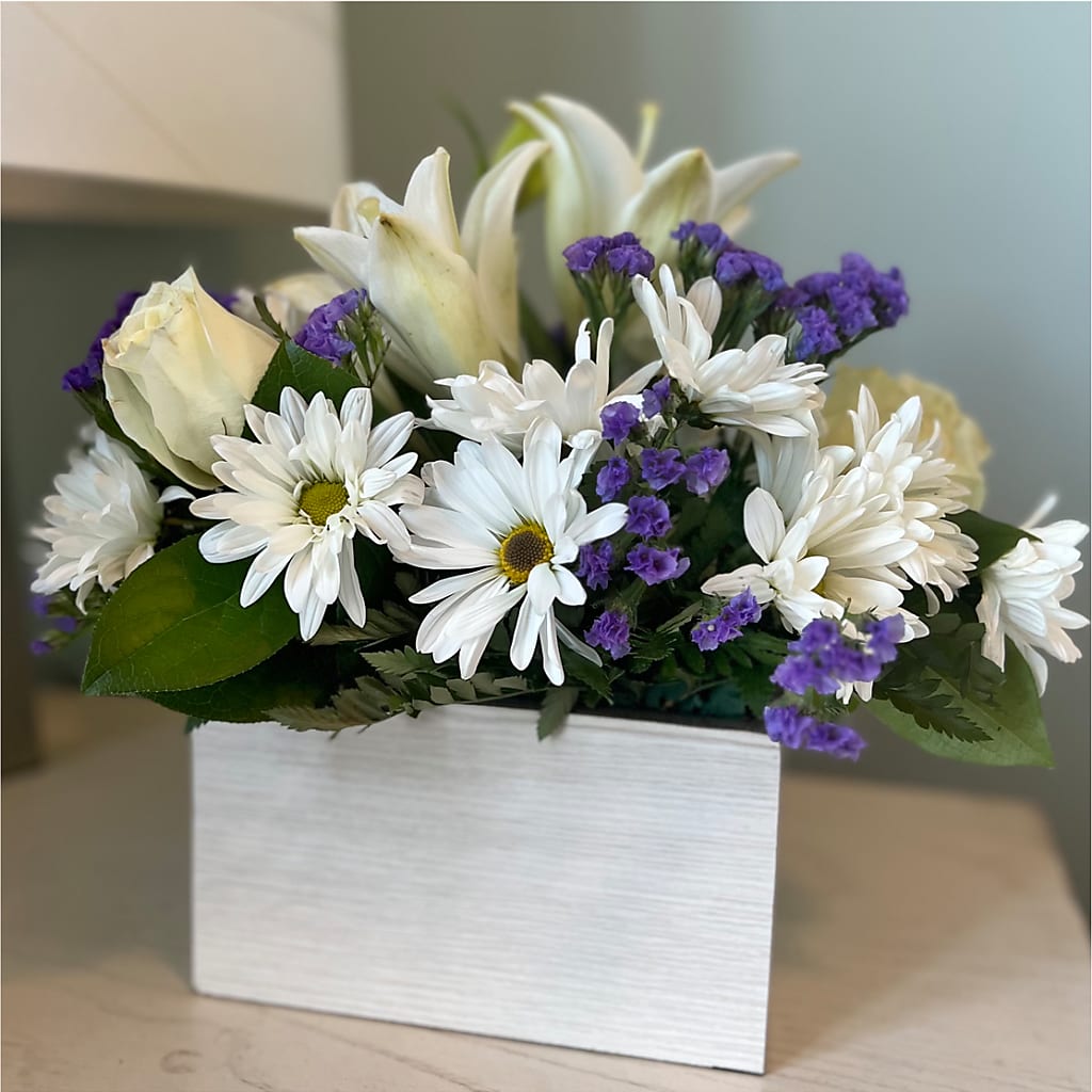 Beyond Blue Box Bouquet –  For Get Me Not Florist, Williamston NC